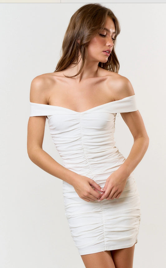 RUCHED OFF SHOULDER MINI DRESS