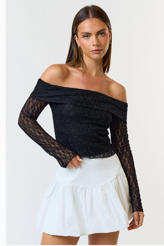 Lace Foldover Off Shoulder Long Sleeve Top